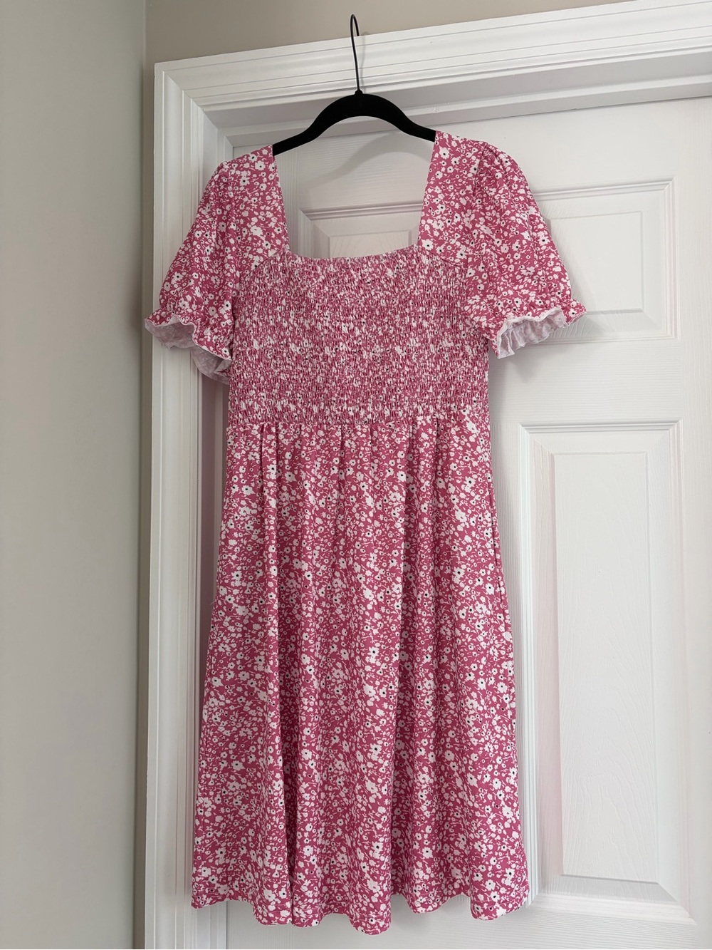 Pink Floral Smocked Square Neck Dress